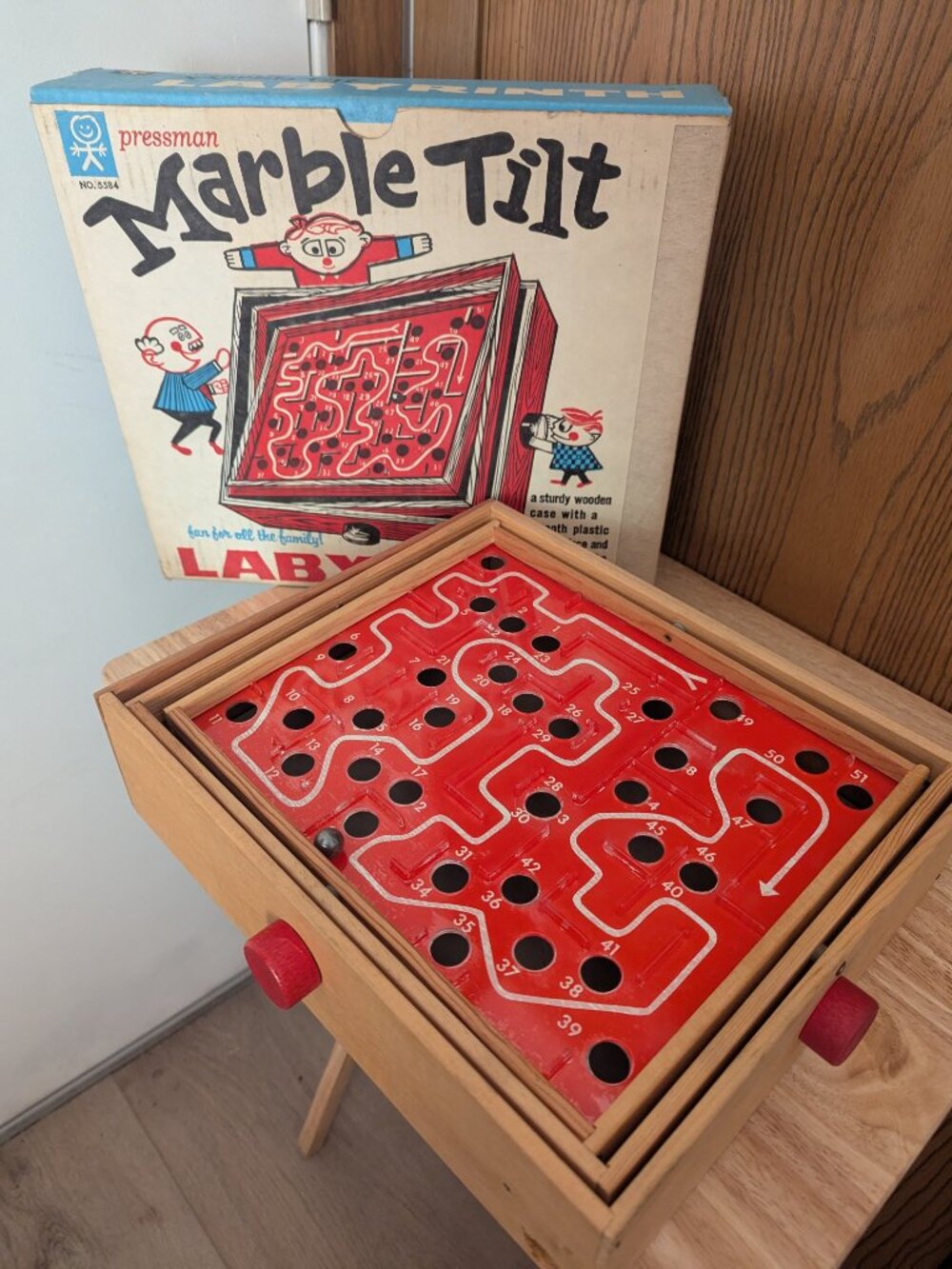 VTG 1960s Marble Tilt Labyrith Maze Game Wooden In Box Balance Skill -Pressman